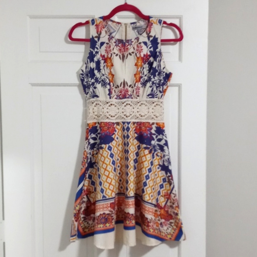 💙Bailey Blue💙 - Cream/Multi Floral/Geometric Print Fit & Flare Dress